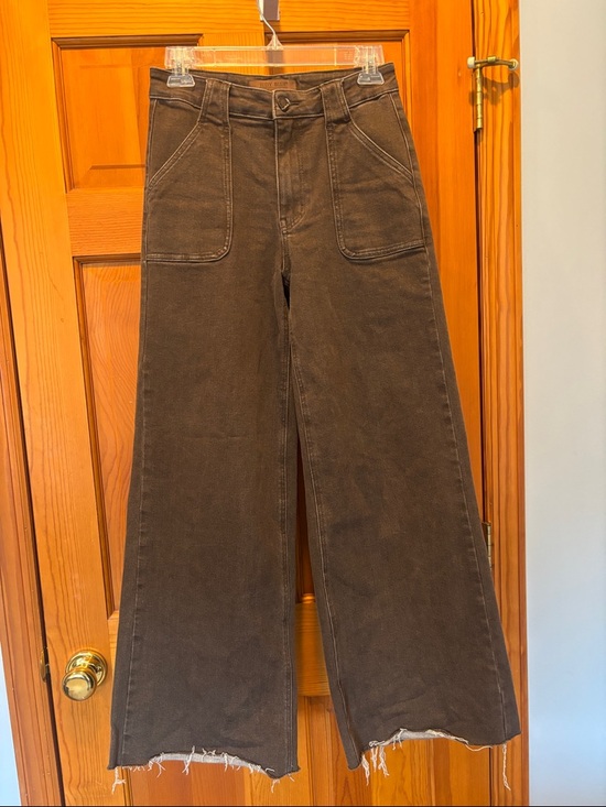 Judy Blue Chocolate Brown Retro Wide Raw Hem Patch Pocket Stretch Jeans 1/25